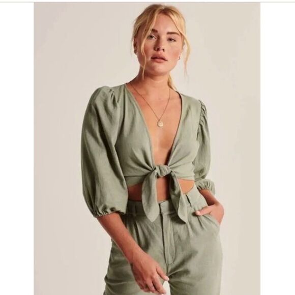 NWT Abercrombie & Fitch Green Linen Tie Front Crop Top Women's Small - Picture 4 of 16